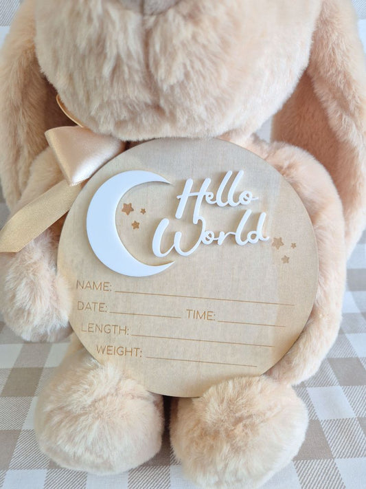 AXN Laser Creations Birth Announcement Plaque - Hello World with Moon 14cm,  Plywood