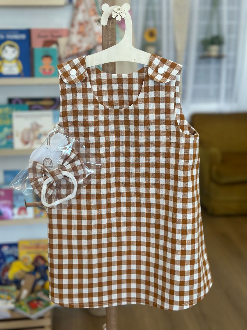 Playmate Mustard & White Gingham Dress with Matching Headband,   3