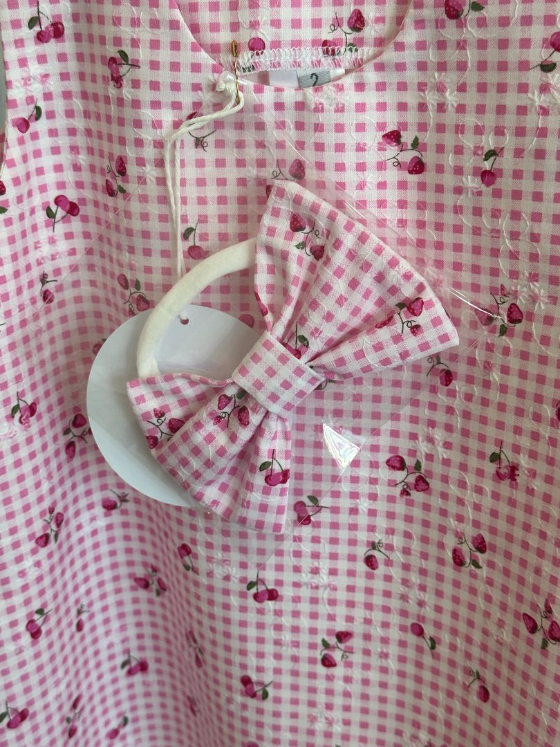 Playmate kids Pink Strawberry Gingham Dress with Matching Headband,   2