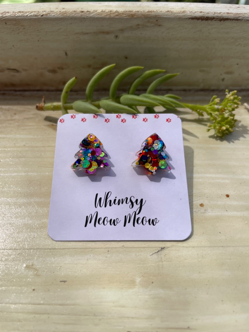 Whimsy Meow Meow Christmas tree studs - rainbow,  Rainbow