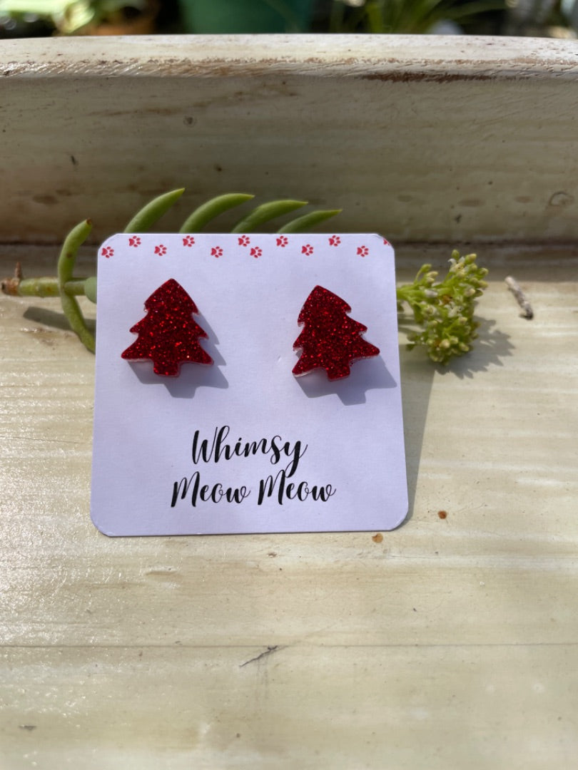 Whimsy Meow Meow Christmas tree studs - red,  Red