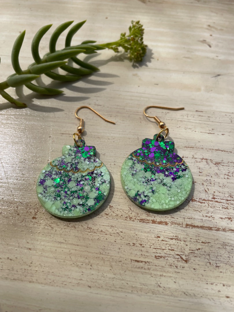 Whimsy Meow Meow Christmas bauble earrings - purple and green,  Purple and Green