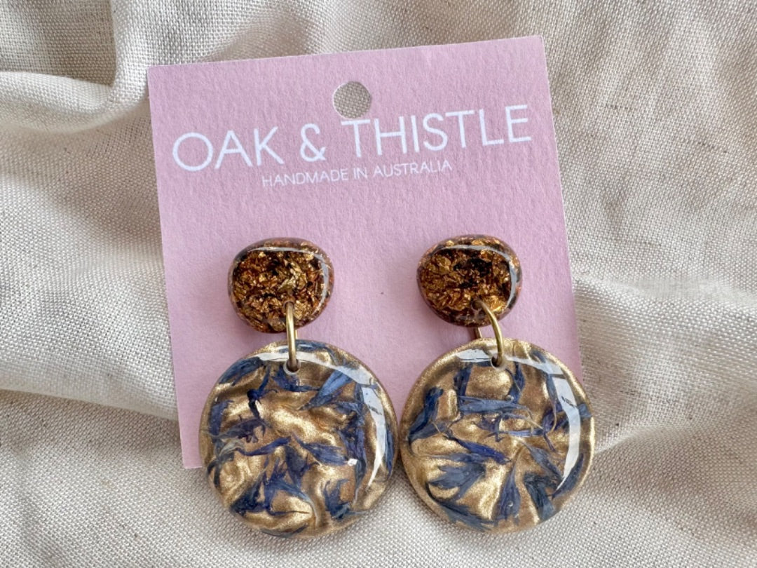 Oak & Thistle Droplet Earrings,  Blue, gold 5cm