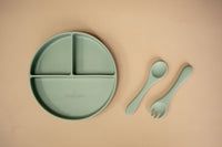 Tucker Tots Silicone Suction Plate + Easy Grip Fork and Spoon,  Forrest Green