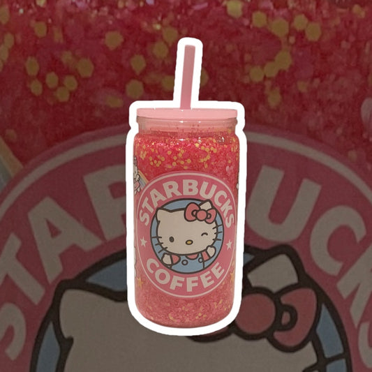 Sweet.Sunshine229 Starbucks Kitty Acrylic Snowglobe Tumbler with straw,  Pink lid 16oz