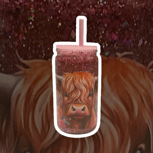 Sweet.Sunshine229 Highland Cow Acrylic Snowglobe Tumbler with straw,  Pink lid 16oz