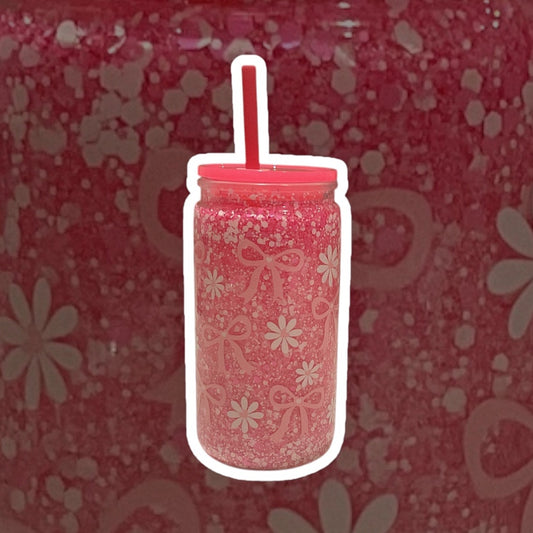 Sweet.Sunshine229 Bow & Flowers Acrylic Snowglobe Tumbler with straw,  Pink lid 16oz