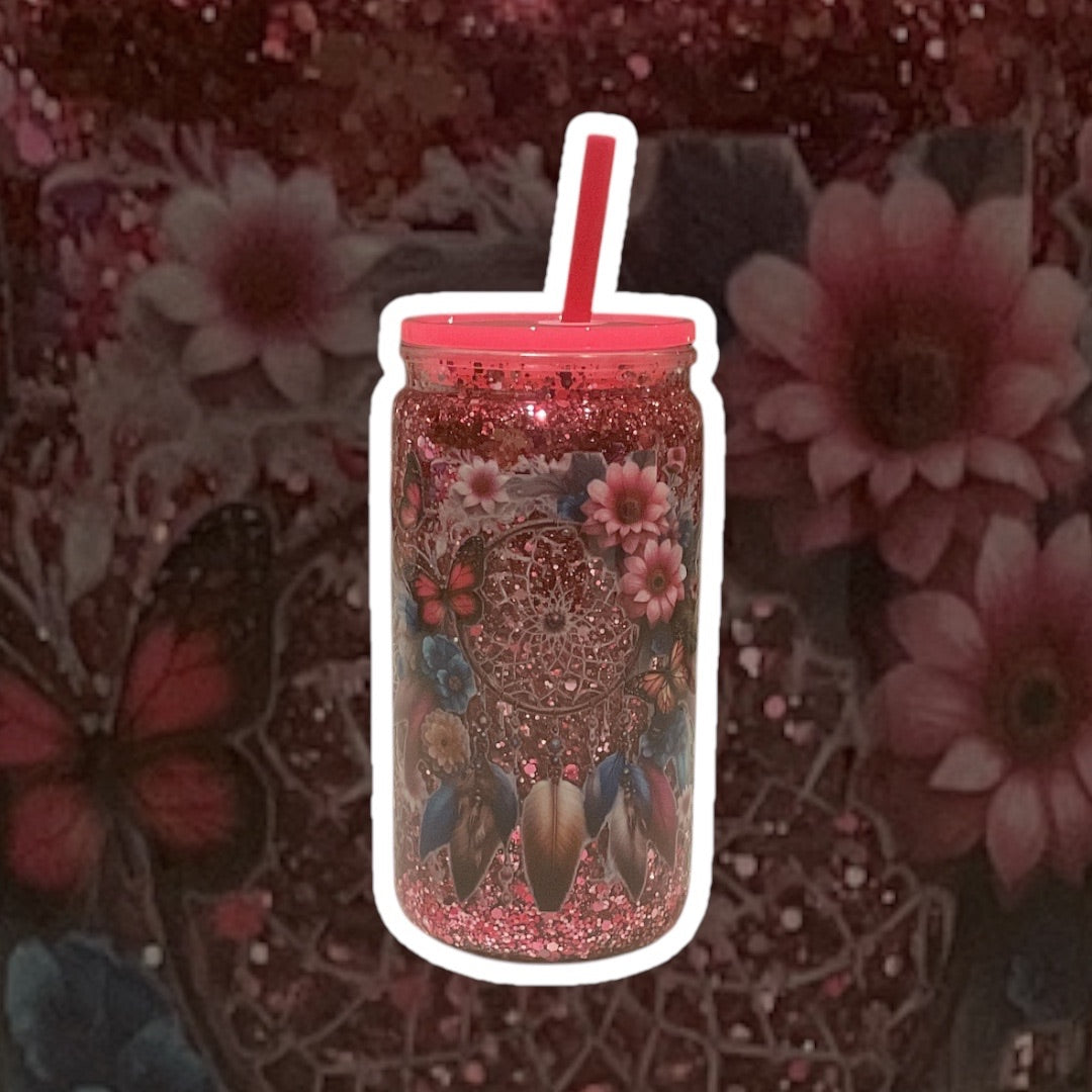 Sweet.Sunshine229 Dream catcher Acrylic Snowglobe Tumbler with straw,  Pink lid 16oz