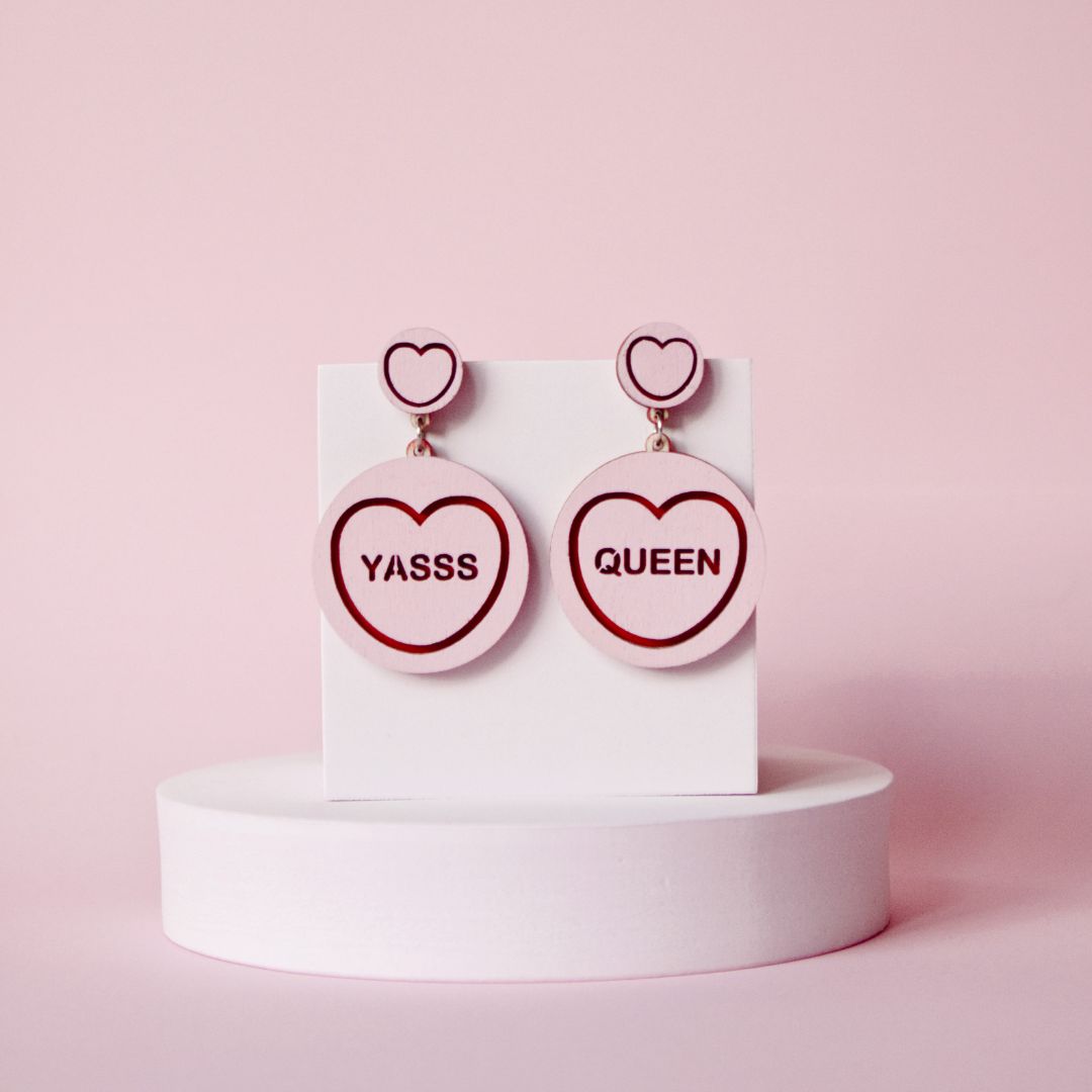 Candy & Kitsch Candy Heart Statement Earrings - Yasss/Queen,  Pink